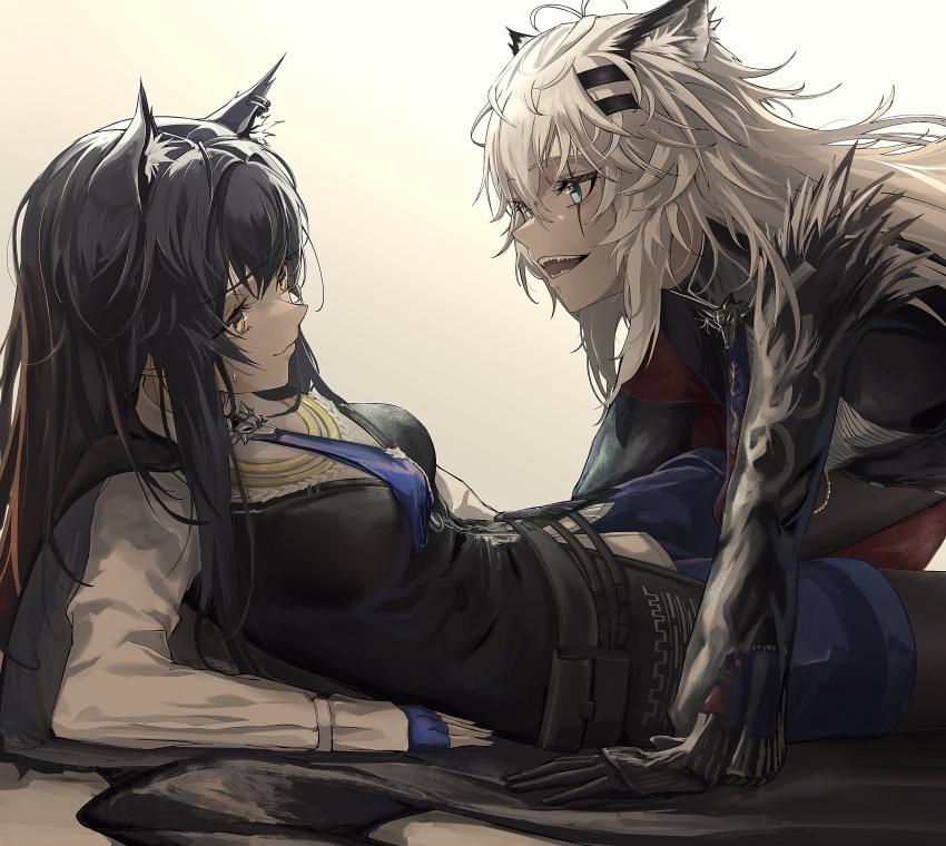 2girls, absurdres, animal_ears, arknights, black_gloves, black_vest, blue_gloves, blue_hair, blue_shorts, closed_mouth, etobane, fangs, fingerless_gloves, gloves, highres, lappland_(arknights), long_hair, messy, multiple_girls, open_mouth, sharp_teeth, shirt, shorts, smile, teeth, texas_(arknights), vest, white_hair, white_shirt
