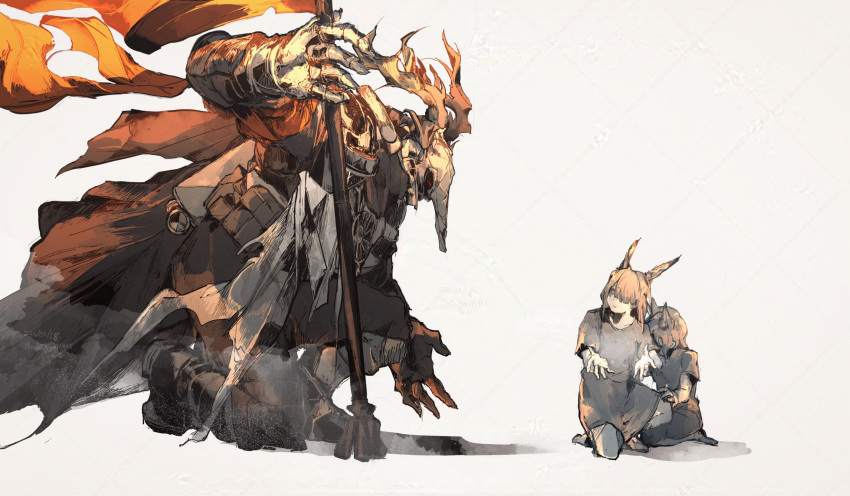 1boy, 2girls, animal_ears, animal_skull, antlers, arknights, armor, boots