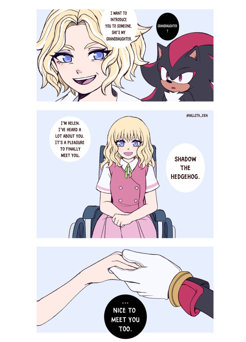 2girls, aged_up, alternate_hair_length, alternate_hairstyle, animal_ears, black_fur, blonde_hair, blue_eyes, chest_fur, coat, collared_shirt, english_commentary, gloves, grandmother_and_granddaughter, green_ribbon, hallsth-eien, hedgehog_boy, helen_(sonic_x), highres, holding_hands, lab_coat, maria_robotnik, medium_hair, multiple_girls, neck_ribbon, pink_skirt, pink_stripes, pink_vest, red_fur, ribbon, shadow_the_hedgehog, shirt, simple_background, skirt, snout, sonic_(series), teeth, twitter_username, upper_teeth_only, vest, wheelchair, white_background, white_coat, white_gloves, white_shirt