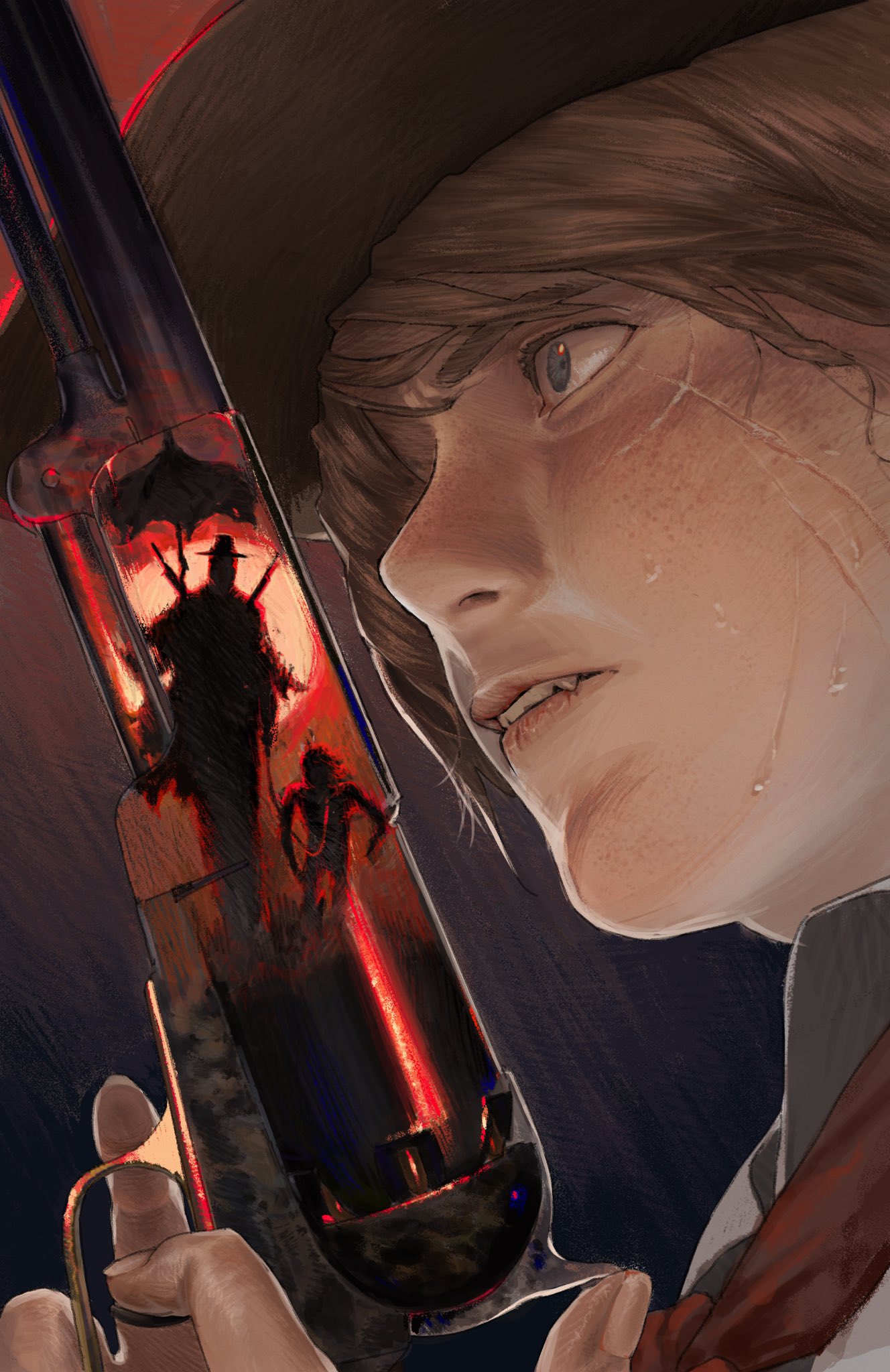 111papilio, 1boy, biting_own_lip, blonde_hair, blood_meridian, blue_eyes, fang, gradient_background