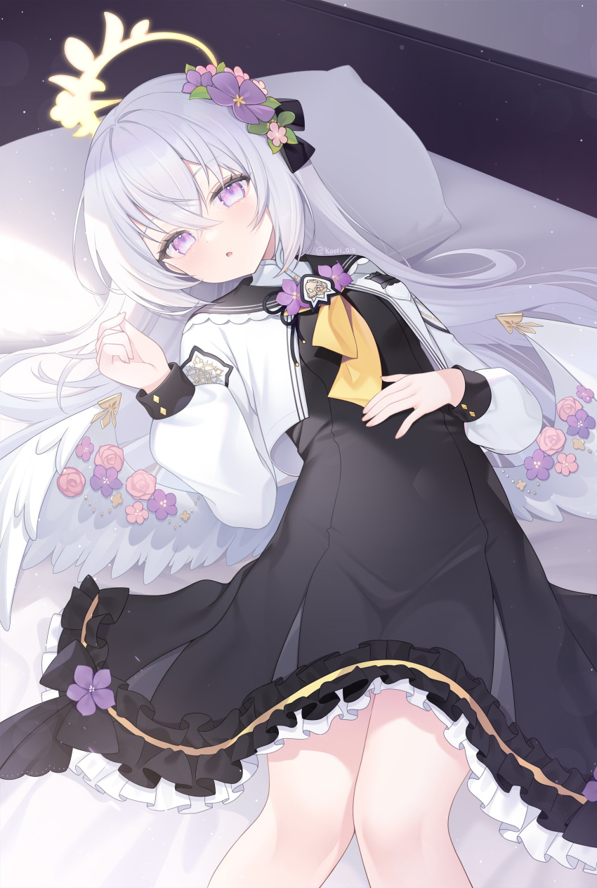 1girl, absurdres, angel_wings, azusa_(blue_archive), blue_archive, crossed_bangs, feathered_wings, flower