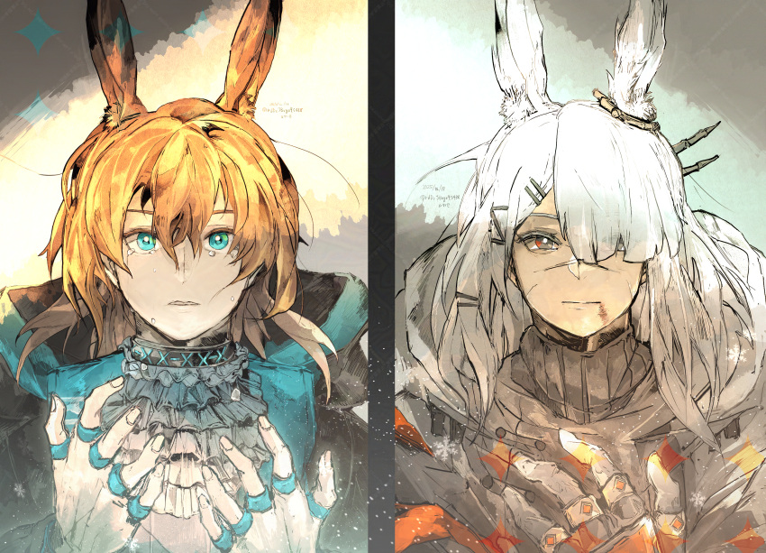 2025, 2girls, absurdres, amiya_(arknights), aqua_eyes, arknights, ascot, blood
