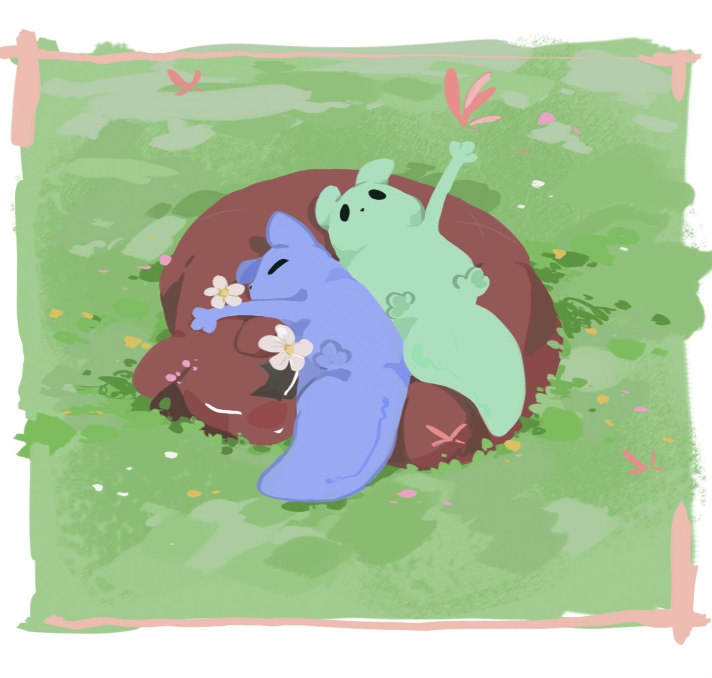 artificer_(rain_world), border, closed_eyes, creature, curled_up, facial_mark, flower, grass