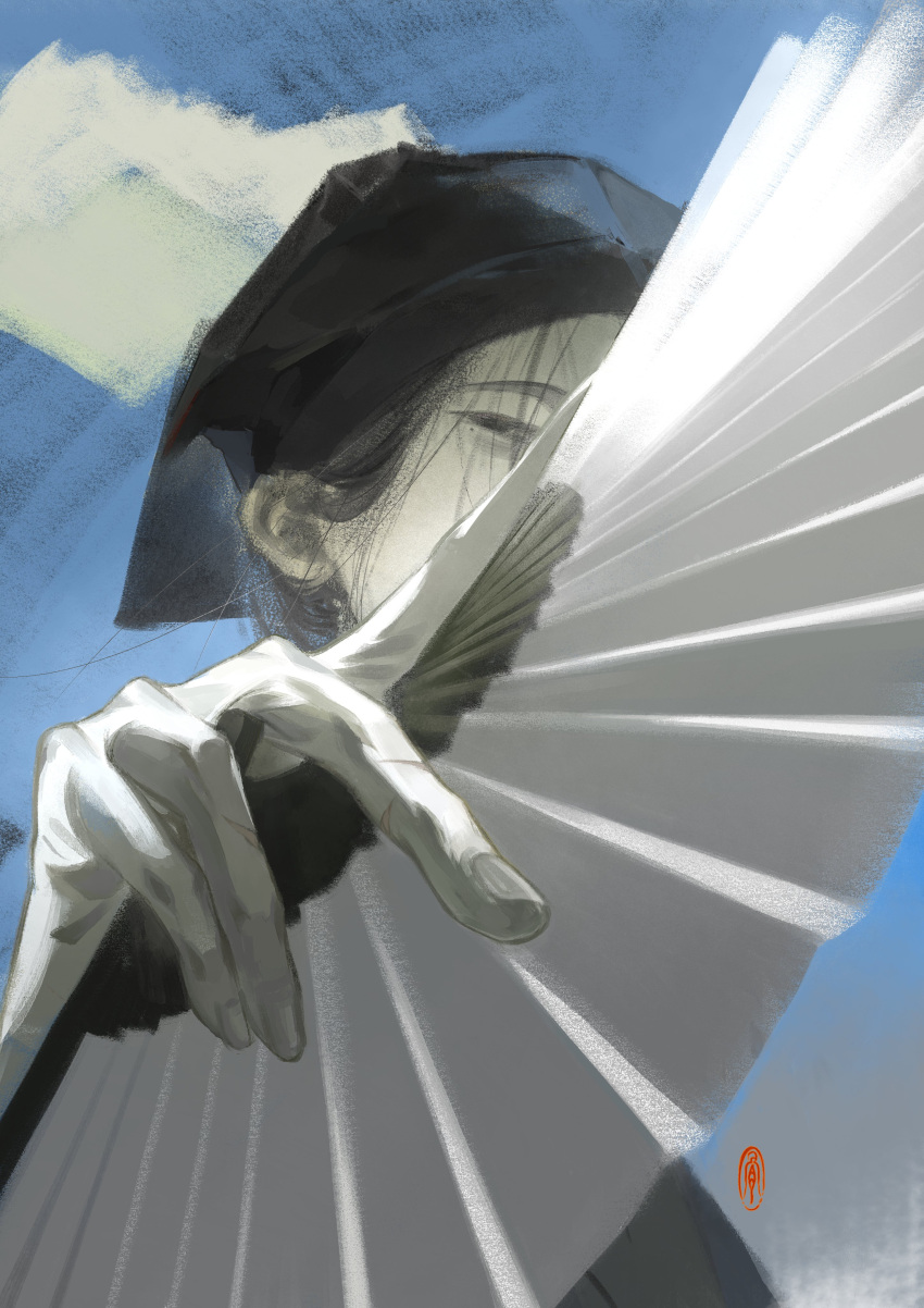 090_nv, 1boy, absurdres, black_eyes, black_hair, black_hat, blue_background, folding_fan