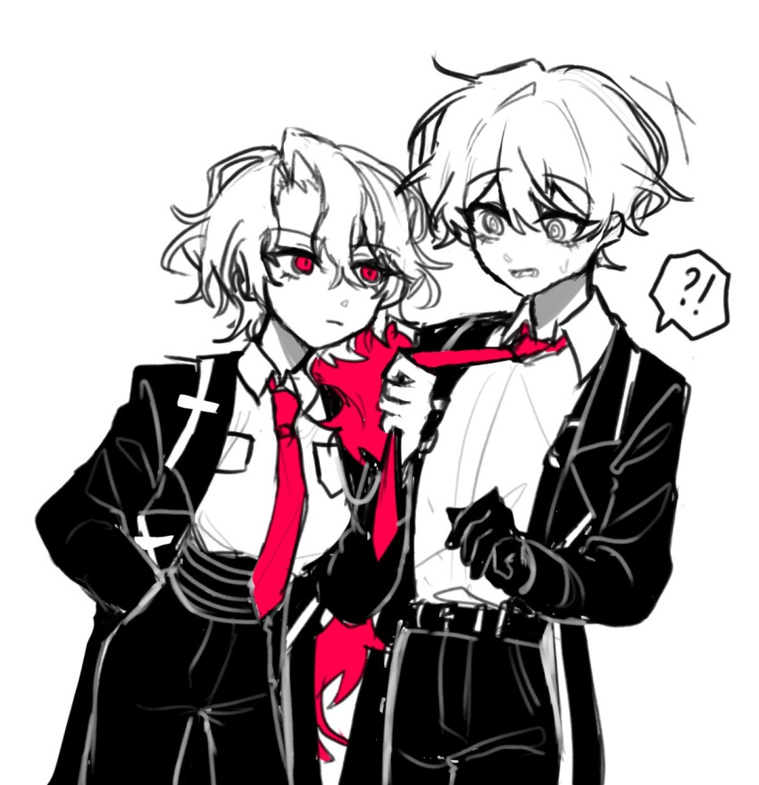 !?, 1boy, 1girl, @_@, black_gloves, black_suit, clothes_grab, collared_shirt