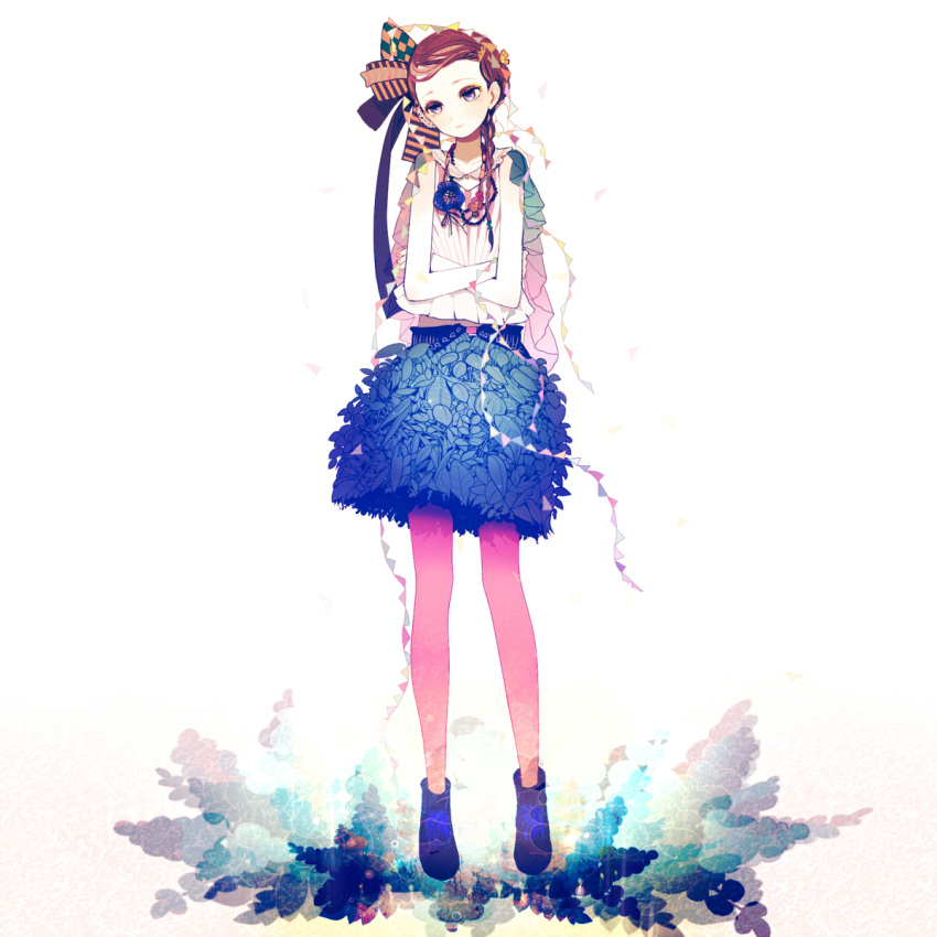 braid, brown_hair, crossed_arms, felt, flower, hair_bow, highres, jewelry, necklace, original, pantyhose, pink_legwear, pink_pantyhose, plant, purple_eyes, ribbon, short_hair, single_braid, skirt, solo, standing, violet_eyes