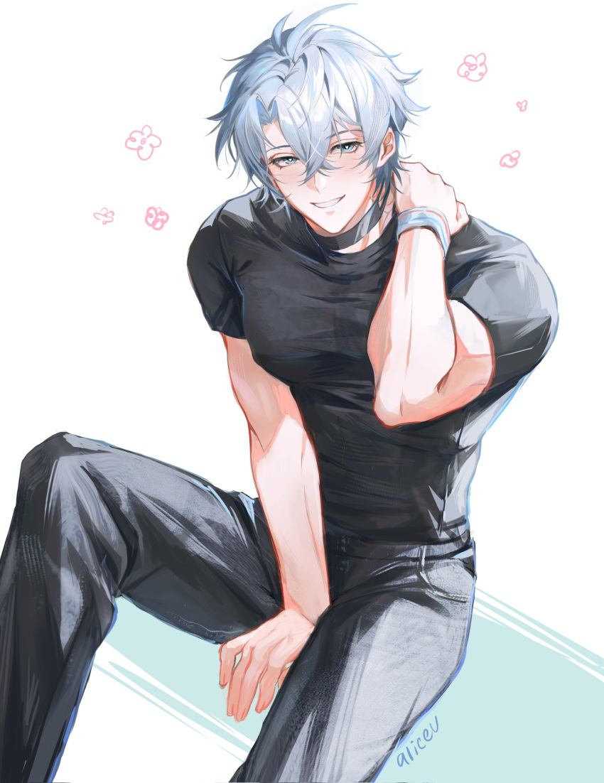 1boy, alicevseliet, antenna_hair, artist_name, black_choker, black_pants, black_shirt, blue_eyes