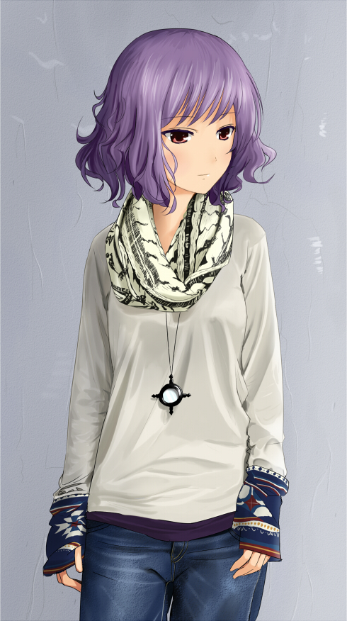 alternate_costume, contemporary, expressionless, jeans, jewelry, orange-pengin, pendant, purple_hair, red_eyes, scarf, short_hair, simple_background, sleeves_past_wrists, solo, touhou, wavy_hair, yasaka_kanako