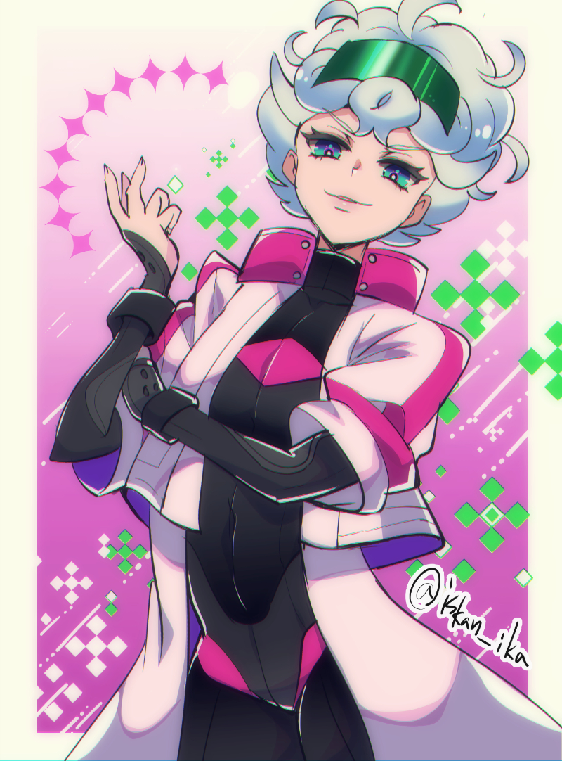 1boy, bede_(pokemon), bede_(sygna_suit)_(pokemon), bodysuit, bodysuit_under_clothes, coat, cowboy_shot, grey_hair, iskandar_(fetishbambi), looking_at_viewer, male_focus, official_alternate_costume, pink_coat, pokemon, pokemon_masters_ex, solo, twitter_username