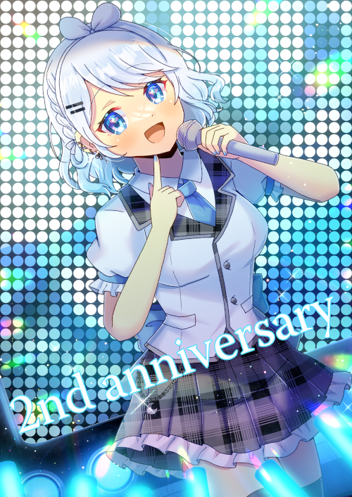 1girl, :d, anniversary, black_thighhighs, blue_eyes, blue_nails, blue_necktie, blush