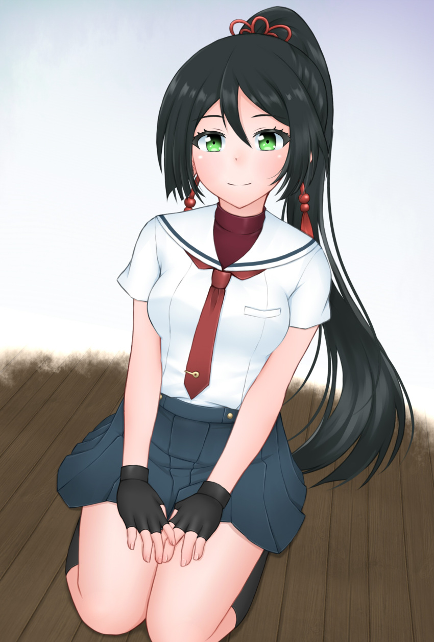 1girl, aoi_hito, black_gloves, black_hair, black_socks, cinderella_series, closed_mouth, fingerless_gloves