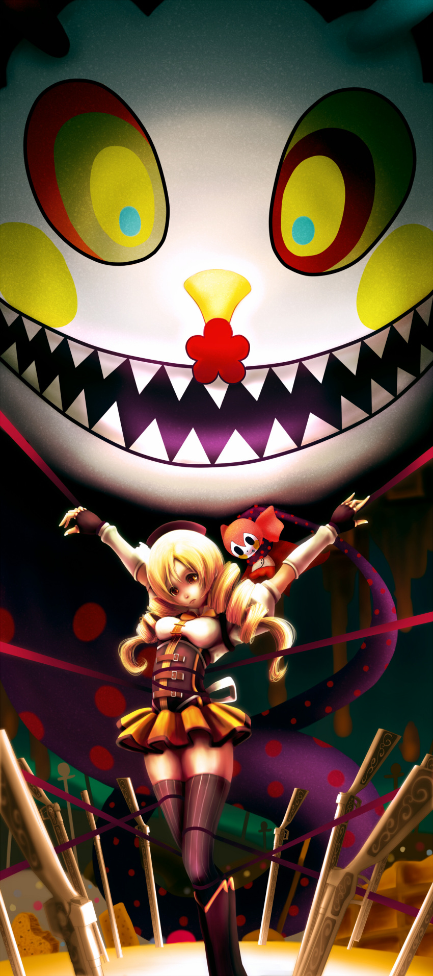 absurdres, arms_up, beret, blonde_hair, bondage, boots, charlotte_(madoka_magica), corset, detached_sleeves, drill_hair, fang, fingerless_gloves, gloves, gun, hat, highres, magical_girl, magical_musket, mahou_shoujo_madoka_magica, mami_mogu_mogu, minusion, pleated_skirt, puffy_sleeves, rifle, skirt, thigh-highs, thighhighs, tied_up, tomoe_mami, weapon, witch's_labyrinth, witch's_labyrinth, yellow_eyes, zettai_ryouiki