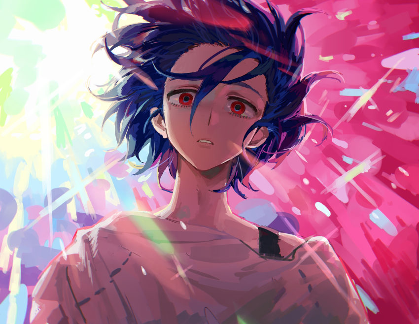 1boy, blue_hair, floating_hair, gundam, gundam_gquuuuuux, hair_between_eyes, highres, krymrin, looking_at_viewer, male_focus, parted_lips, red_eyes, shirt, shuji_ito, solo, upper_body, white_shirt, wide-eyed