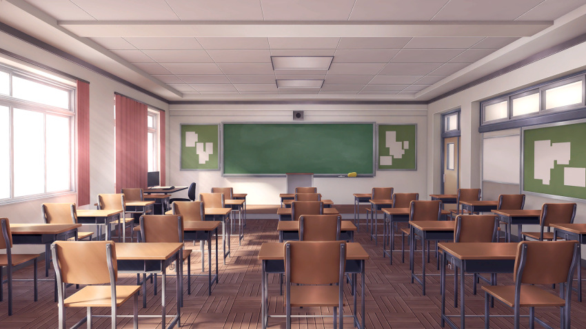 board_eraser, bulletin_board, ceiling, ceiling_light, chair, chalk, chalkboard, classroom