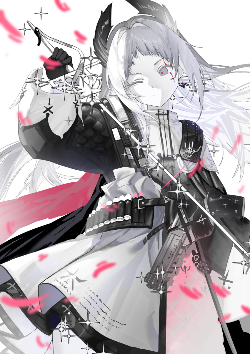 1girl, absurdres, arched_bangs, arknights, arm_up, black_dress, black_gloves, chinese_commentary