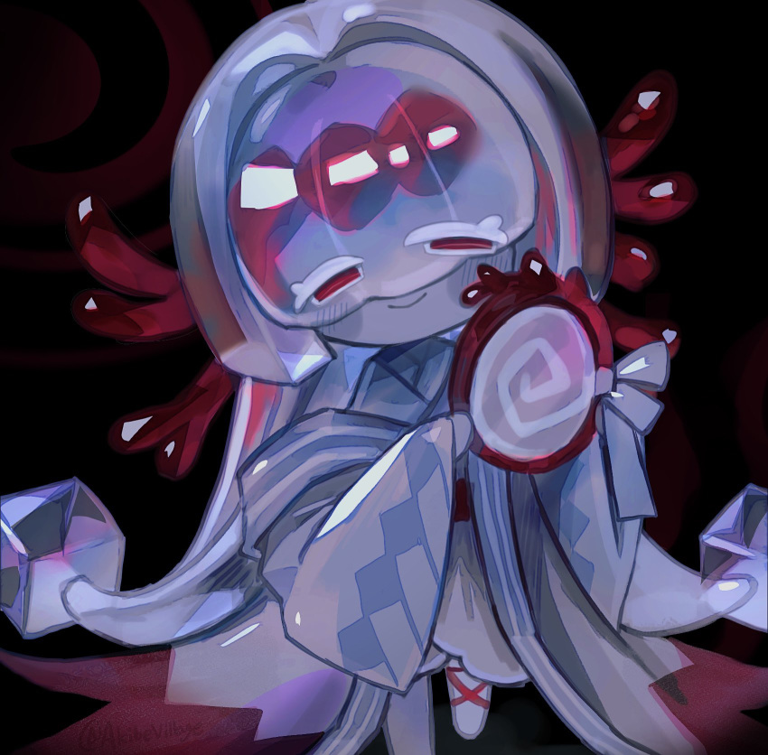 1girl, agar_agar_cookie, akibevillage, black_dress, colored_skin, cookie_run, cookie_run:_kingdom, coral_hair_ornament, dress, highres, hime_cut, holding, holding_mirror, long_hair, looking_at_viewer, mirror, red_eyes, simple_background, smile, solo, straight_hair, white_skin