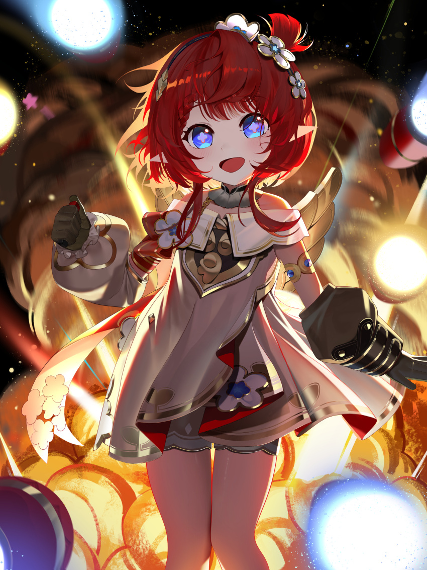 1girl, absurdres, angel_wings, black_gloves, blue_eyes, commentary_request, cross-shaped_pupils, dress