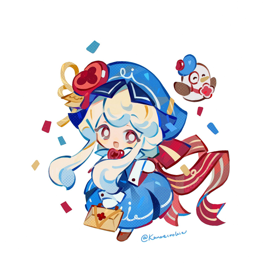 1girl, back_ribbon, bag, bird, blonde_hair, blue_hat, bow, caramel_choux_cookie, caramel_choux_cookie_(dedicated_square_administrator), chibi, chibi_only, collared_dress, confetti, cookie_run, cookie_run:_ovenbreak, dress, hat, hat_bow, highres, holding, holding_bag, kanae_(cookie), pantyhose, short_hair_with_long_locks, simple_background, solo, white_background, white_hair, white_pantyhose