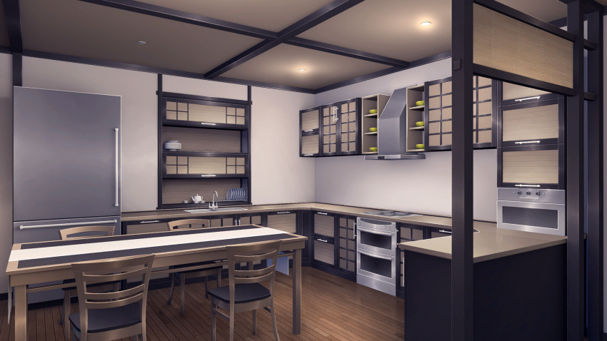 bowl, bowl_stack, cabinet, ceiling, ceiling_light, counter, cupboard, dining_room
