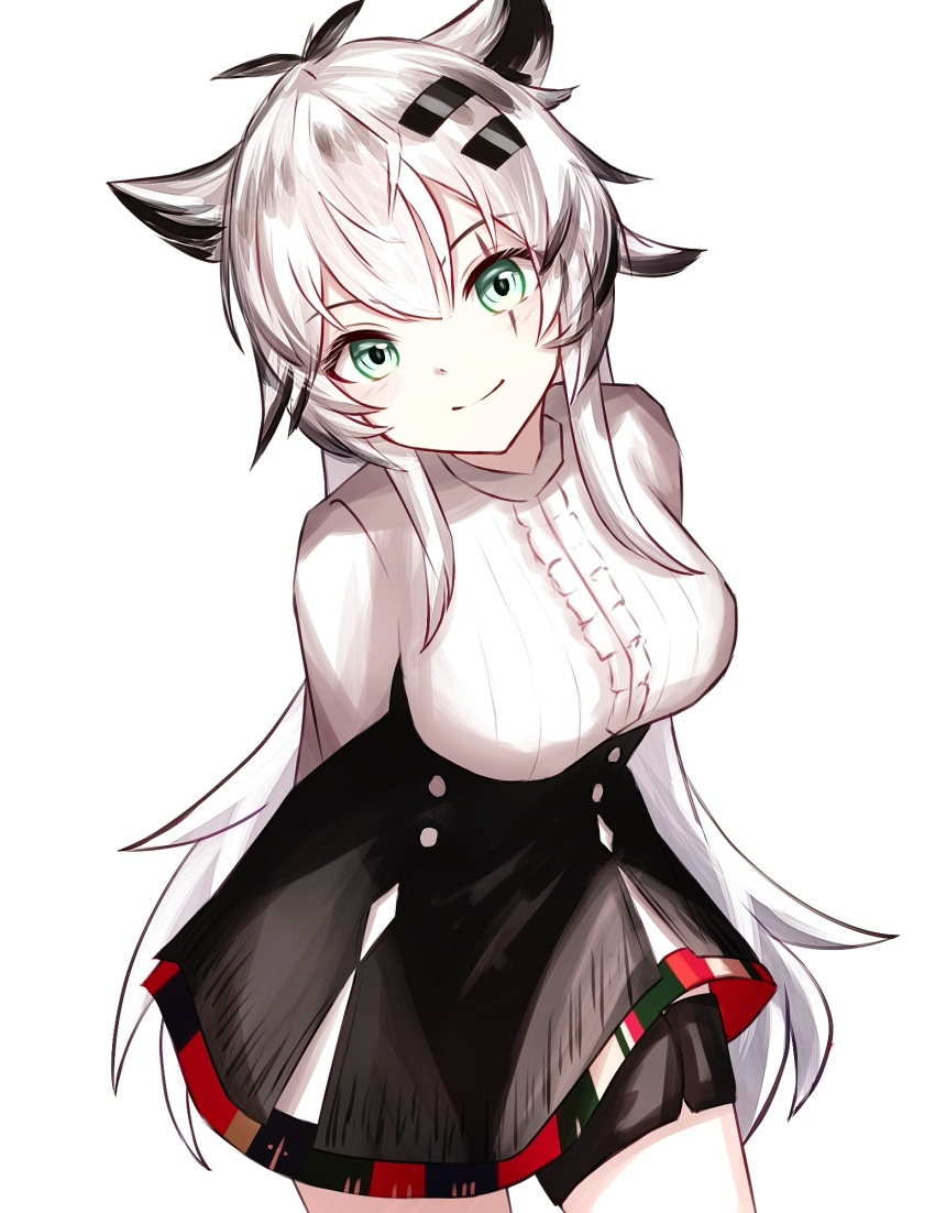 1girl, animal_ears, arknights, arms_behind_back, black_skirt, center_frills, closed_mouth, commentary_request, cowboy_shot, frills, green_eyes, hair_ornament, hairclip, highres, lappland_(arknights), lappland_the_decadenza_(arknights), long_hair, looking_at_viewer, no_jacket, partial_commentary, scar, scar_across_eye, scar_on_face, shirt, simple_background, skirt, smile, solo, split_mouth, standing, very_long_hair, white_background, white_hair, white_shirt, wolf_ears, wolf_girl, yoi_(a27963244)