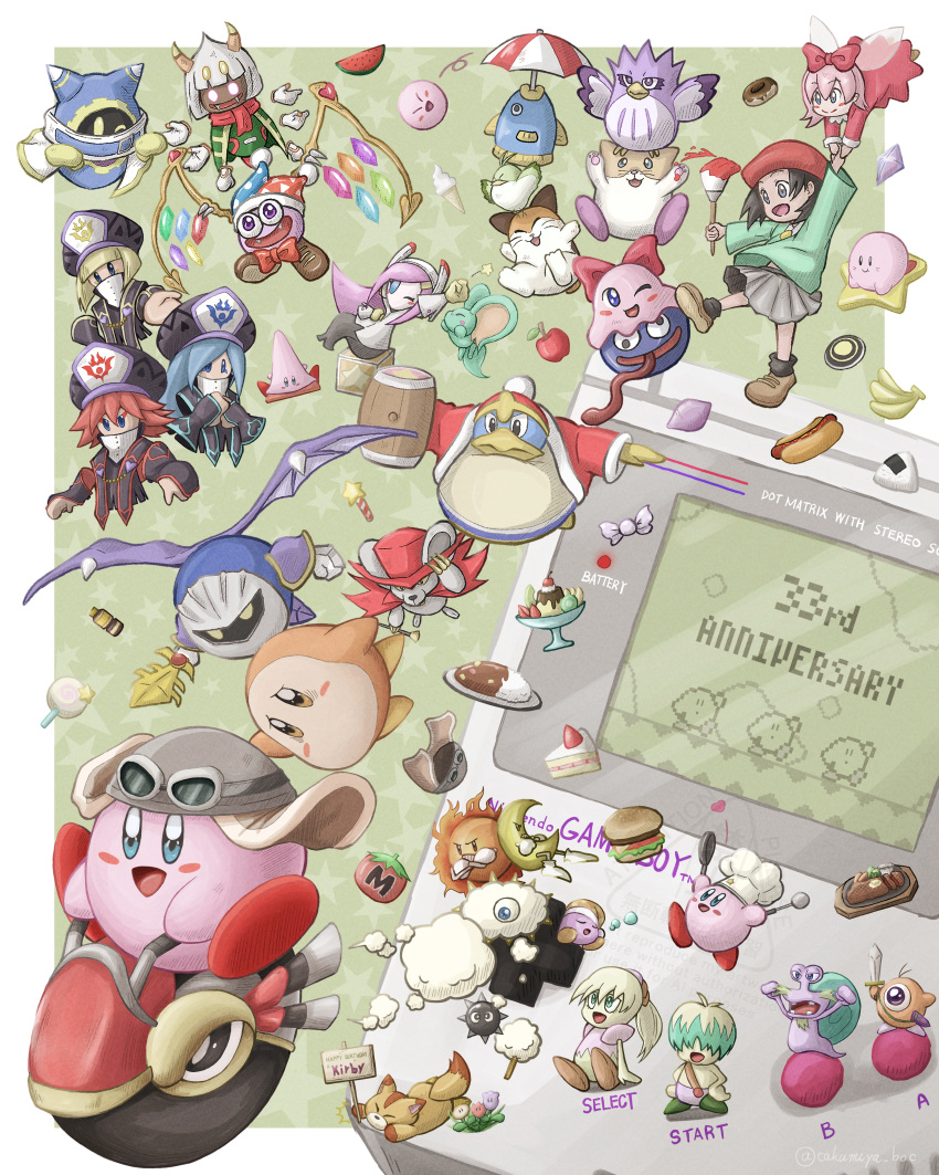 absurdres, adeleine, anniversary, apple, banana, beret, black_hair, blonde_hair