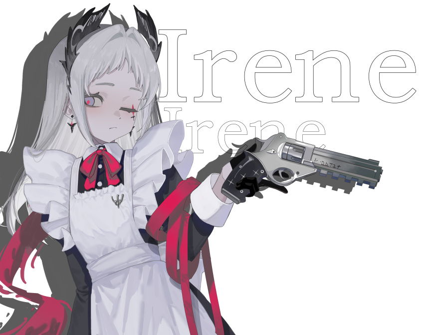 1girl, absurdres, ambience_synesthesia, apron, arknights, black_dress, black_gloves, character_name