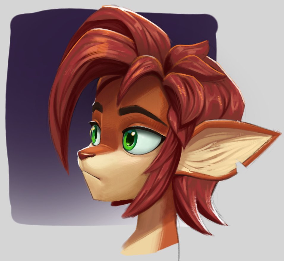 1girl, commentary, elora_(spyro), english_commentary, expressionless, furry, furry_female, green_eyes, portrait, profile, red_hair, short_hair, snout, solo, spyro_(series), spyro_reignited_trilogy, thehumancopier
