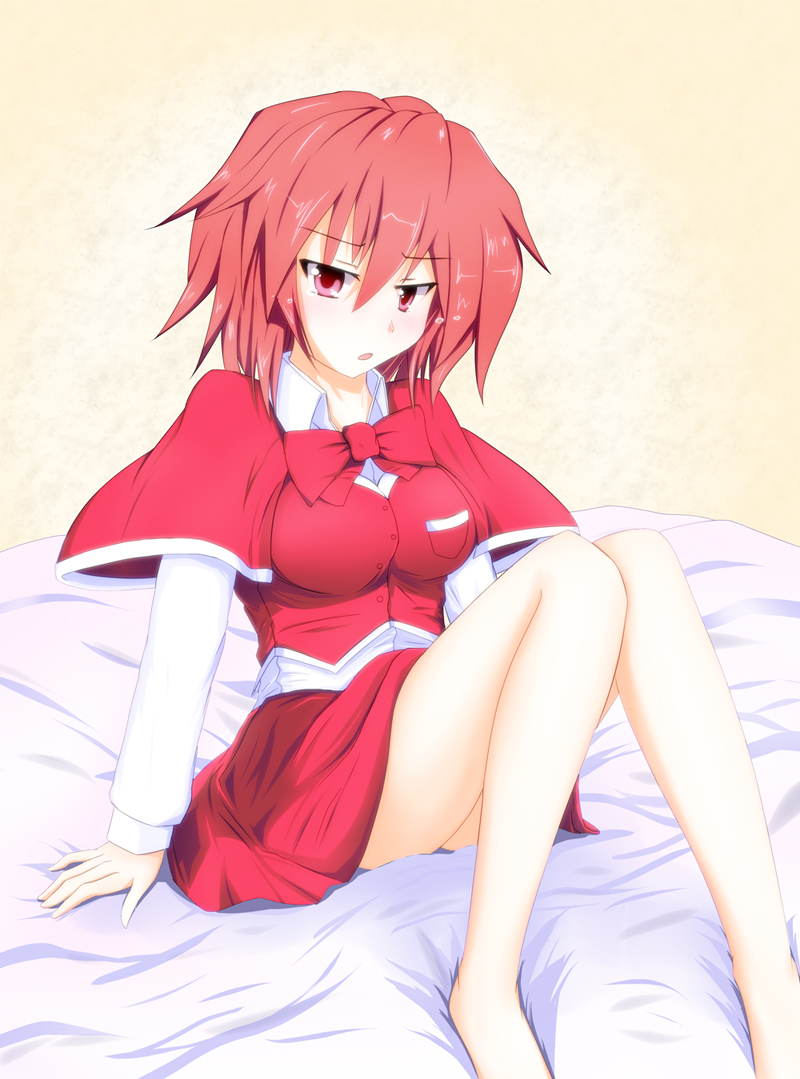 barefoot, blanket, bow, breasts, dress, gamachi, okazaki_yumemi, red_eyes, red_hair, redhead, ribbon, shawl, short_hair, sitting, solo, touhou, touhou_(pc-98)