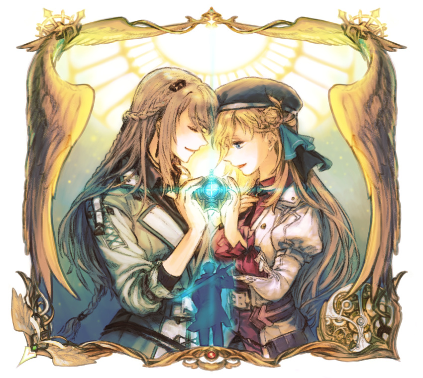 2girls, agnes_claudel, black_hat, blonde_hair, blue_eyes, blue_ribbon, border, braid, brown_hair, character_request, closed_mouth, coat, eiyuu_densetsu, elaine_auclair, gaha_(charat08), glowing, grey_coat, hat, highres, holding, holding_sword, holding_weapon, juliet_sleeves, kuro_no_kiseki_(series), long_hair, long_sleeves, multiple_girls, puffy_sleeves, ribbon, shirt, sword, very_long_hair, weapon, white_border, white_shirt
