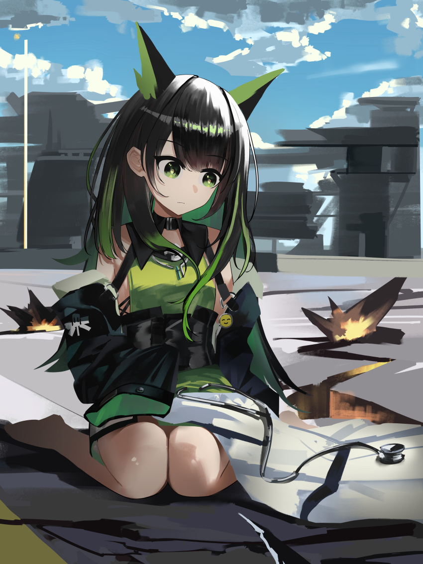 1girl, absurdres, animal_ears, arknights, bare_shoulders, barefoot, black_hair, clouds