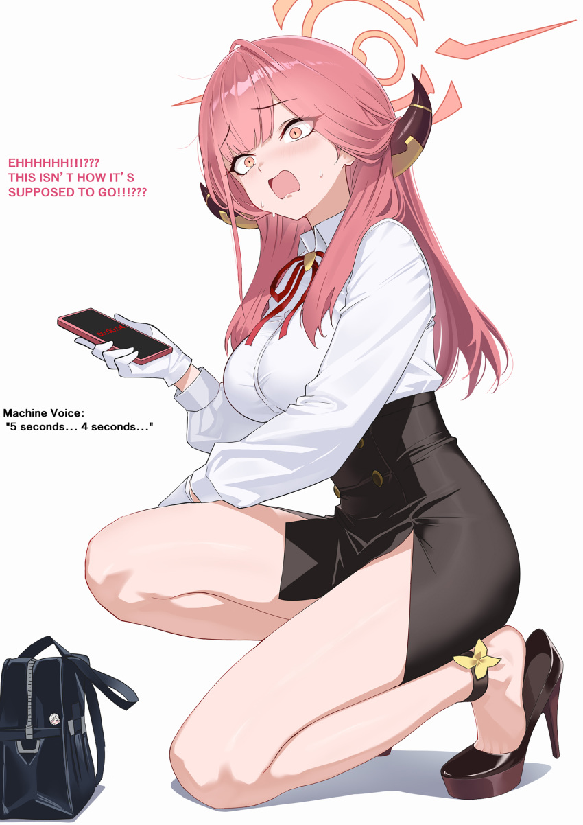1girl, aru_(blue_archive), bare_legs, black_shoes, black_skirt, blue_archive, blush, breasts