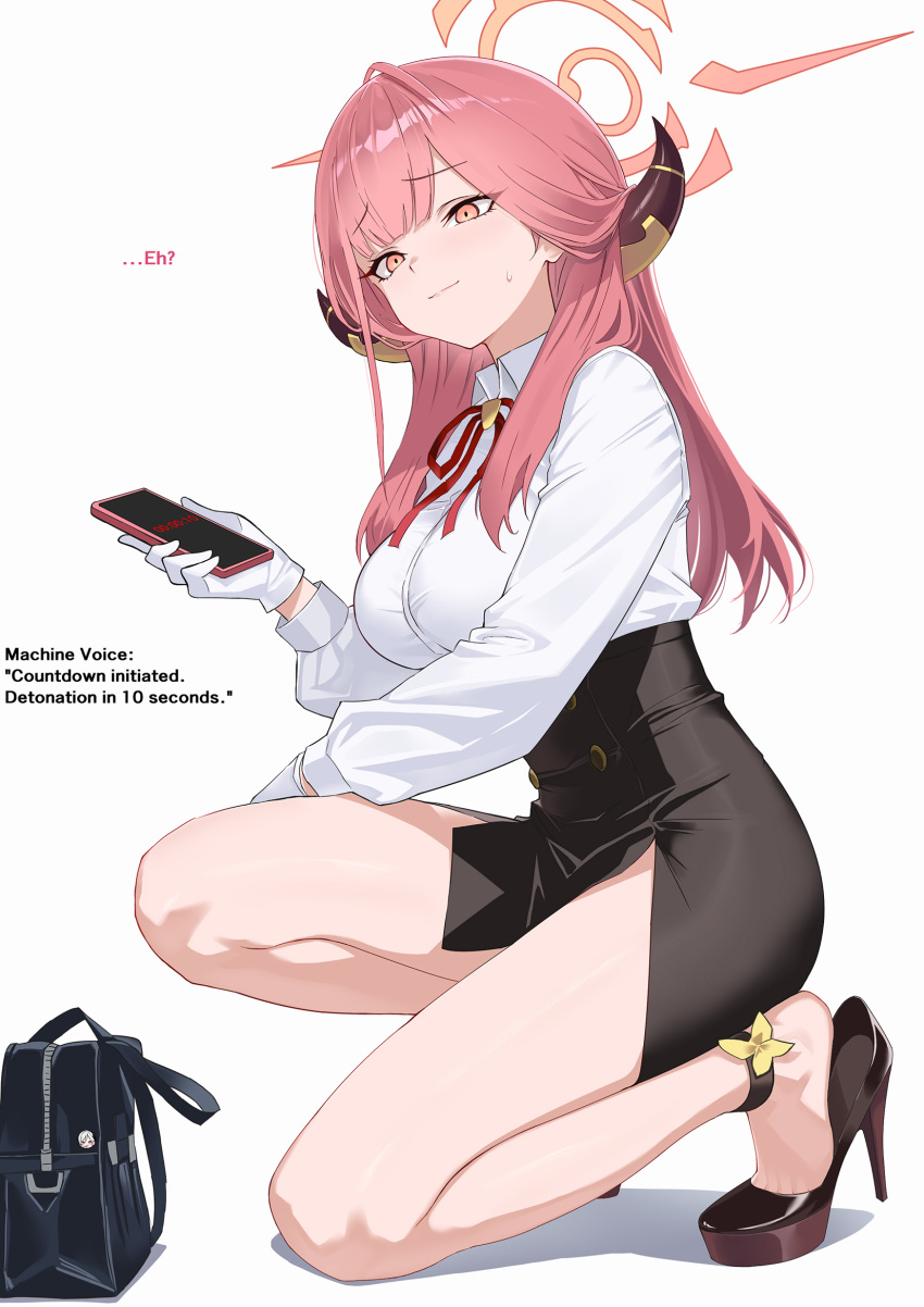 1girl, aru_(blue_archive), bare_legs, black_shoes, black_skirt, blue_archive, blush, breasts