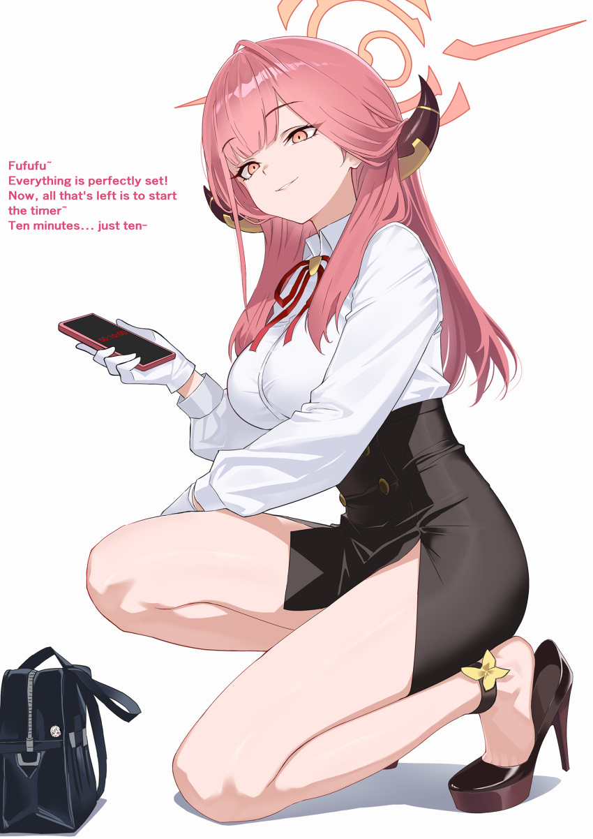 1girl, aru_(blue_archive), bare_legs, black_shoes, black_skirt, blue_archive, breasts, cellphone, collared_shirt, demon_girl, demon_horns, eyelashes, feet, full_body, gloves, halo, heel_pop, high-waist_skirt, high_heels, highres, holding, holding_phone, horns, impossible_clothes, impossible_shirt, isokaze12, kneeling, large_breasts, legs, long_hair, long_sleeves, looking_at_viewer, neck_ribbon, on_one_knee, orange_eyes, parted_lips, phone, pink_halo, red_hair, red_ribbon, ribbon, shirt, shoes, sidelocks, skirt, smartphone, smile, solo, stiletto_heels, thighs, toe_cleavage, white_gloves, white_shirt, yellow_eyes