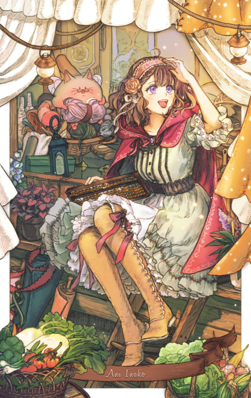 1girl, abacus, ani_inako, basket, boots, brown_boots, brown_hair, cabbage