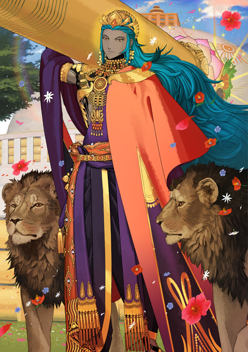 1boy, animal, aqua_hair, arm_at_side, arm_up, ashoka_(fate), blue_flower, blue_sky