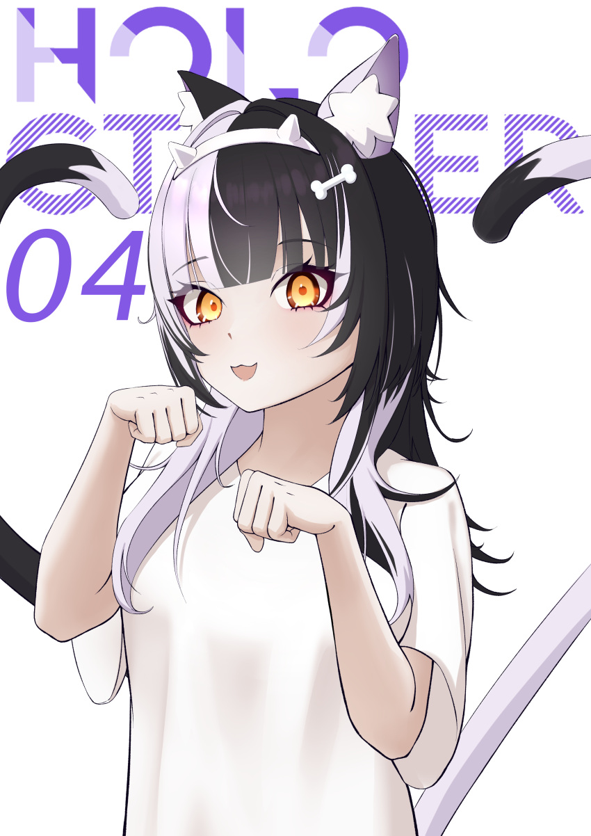 1girl, absurdres, animal_ears, black_hair, cat_ears, cat_tail, grey_hair, hairband, highres, hololive, hololive_english, horn_hairband, ichira, multicolored_hair, shiori_novella, shirt, solo, split-color_hair, tail, two-tone_hair, virtual_youtuber, white_hairband, white_shirt, yellow_eyes