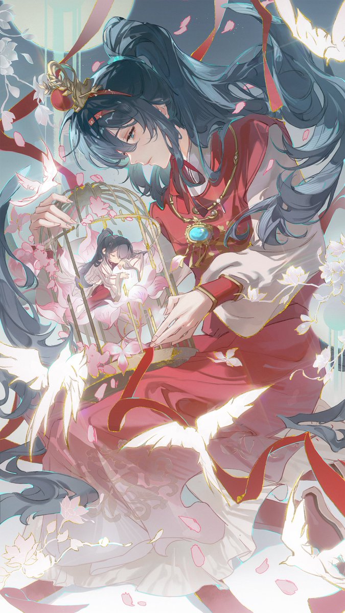 2boys, aqua_eyes, aqua_gemstone, birdcage, black_hair, branch, cage, chin_strap