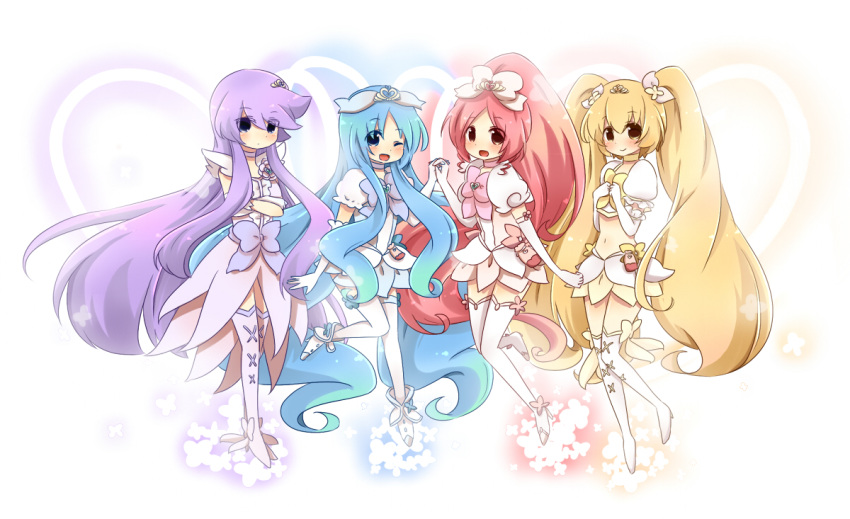 ahoge, bad_id, black_eyes, blonde_hair, blue_eyes, blue_hair, boots, bow