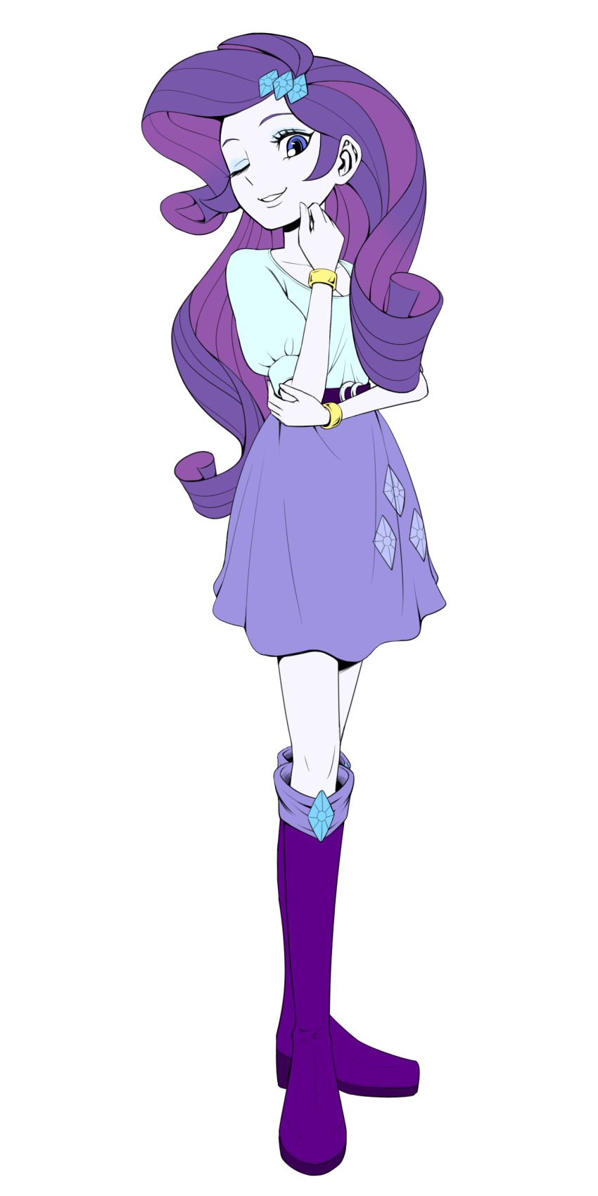 1girl, ;d, absurdres, belt, black_belt, blue_eyes, blue_eyeshadow, blue_shirt