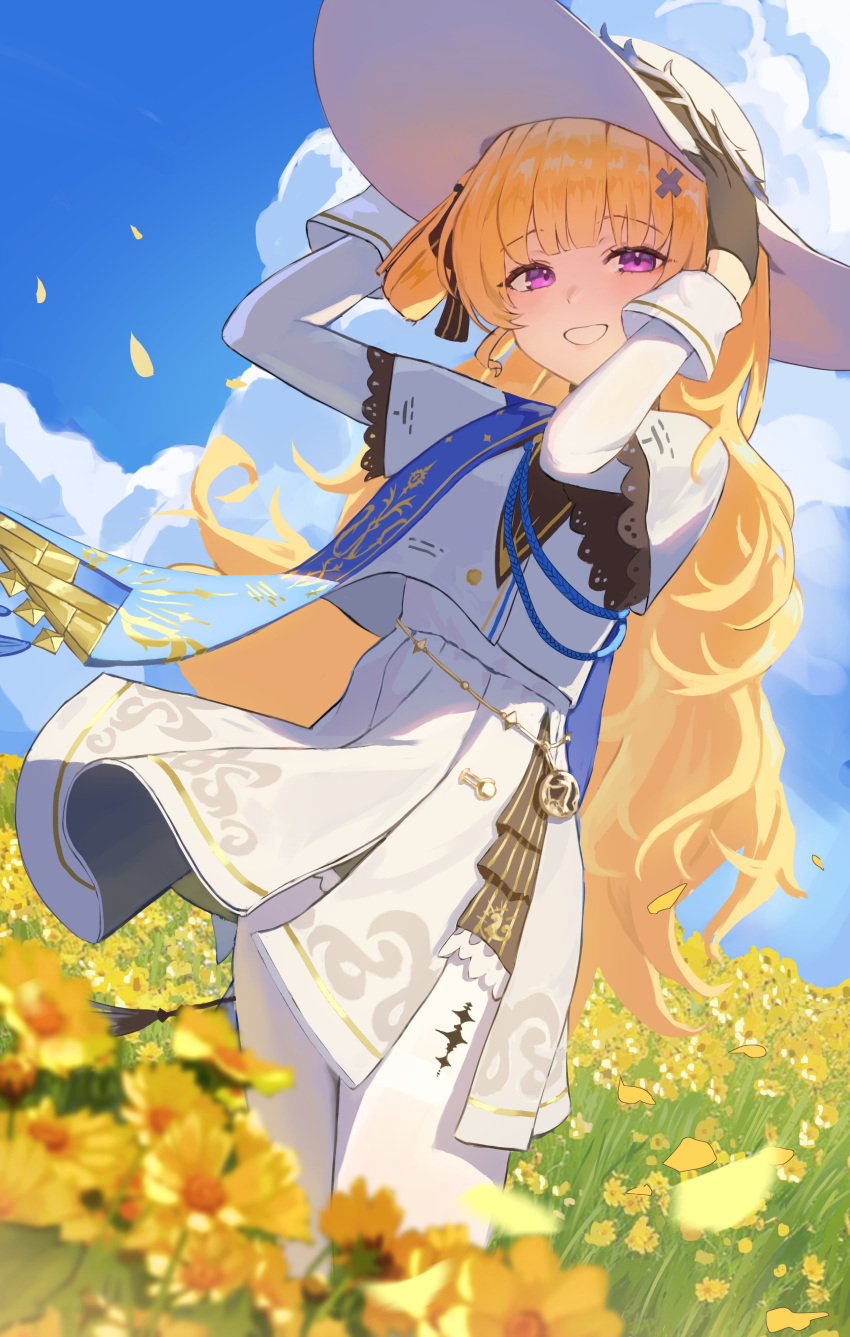 1girl, absurdres, black_gloves, blonde_hair, blue_sky, clouds, cloudy_sky, floating_hair