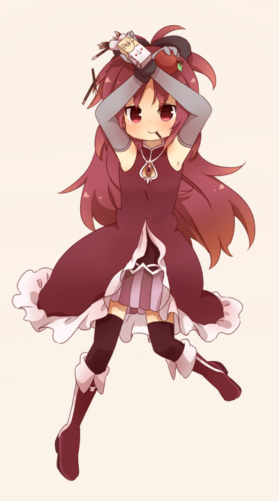 armpits, black_legwear, black_thighhighs, boots, bow, dress, eating, frills