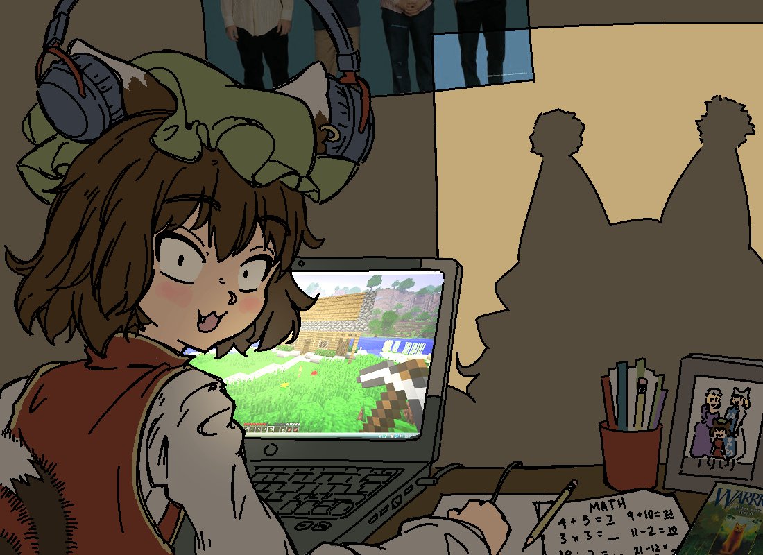 2girls, animal_ears, book, brown_hair, cat_ears, cat_tail, chen, china_dress, chinese_clothes, computer, desk, dress, earrings, fang, gold_earrings, gold_trim, green_hat, hat, headphones, jewelry, laptop, long_sleeves, looking_back, math, minecraft, mob_cap, multiple_girls, open_mouth, pen, pencil, picture_frame, poster_(object), shadow, short_hair, silhouette, single_earring, stirfriedspam, surprised, tail, touhou, warrior_cats, weezer_(band), yakumo_ran