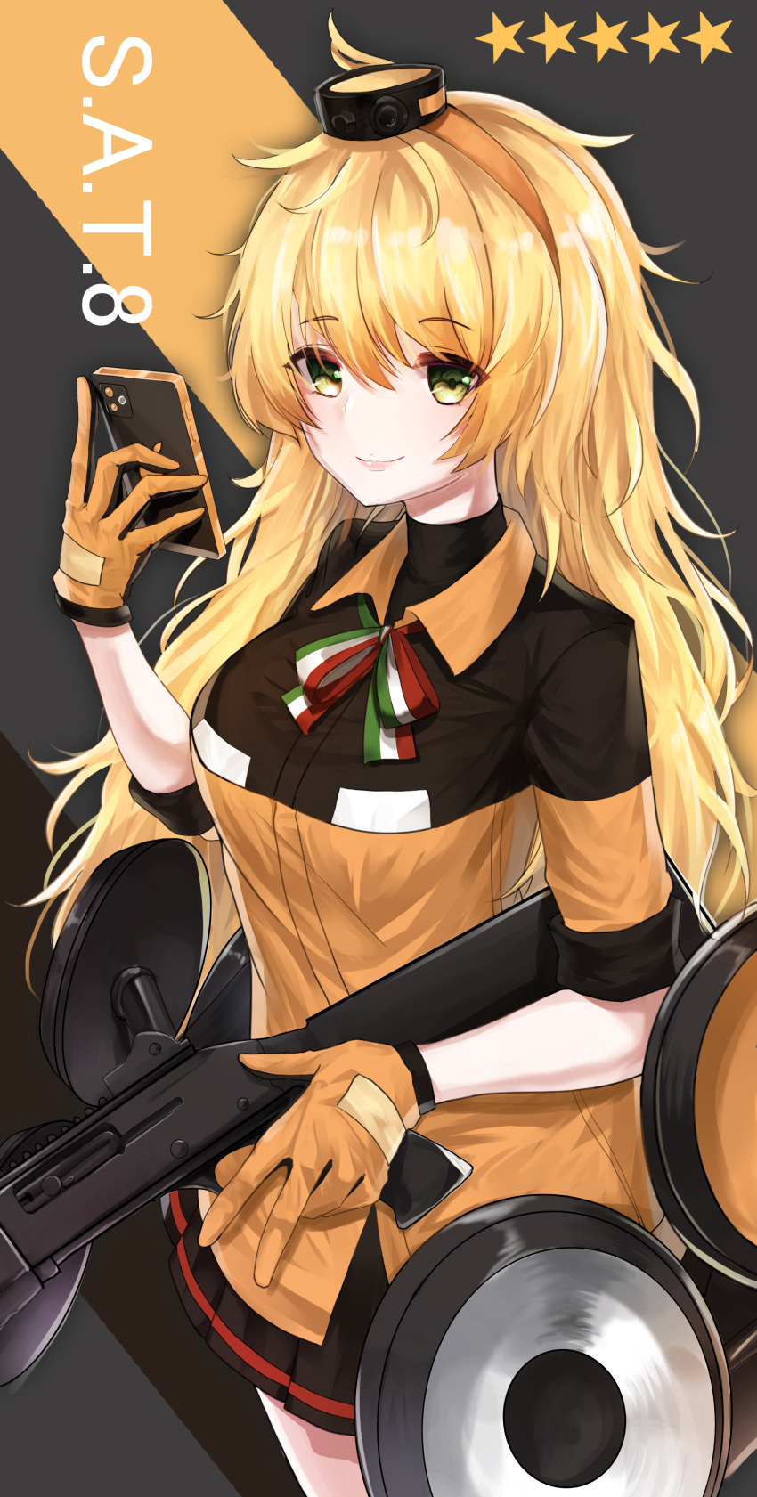 1girl, absurdres, action_camera, black_shirt, blonde_hair, breasts, cellphone, character_name