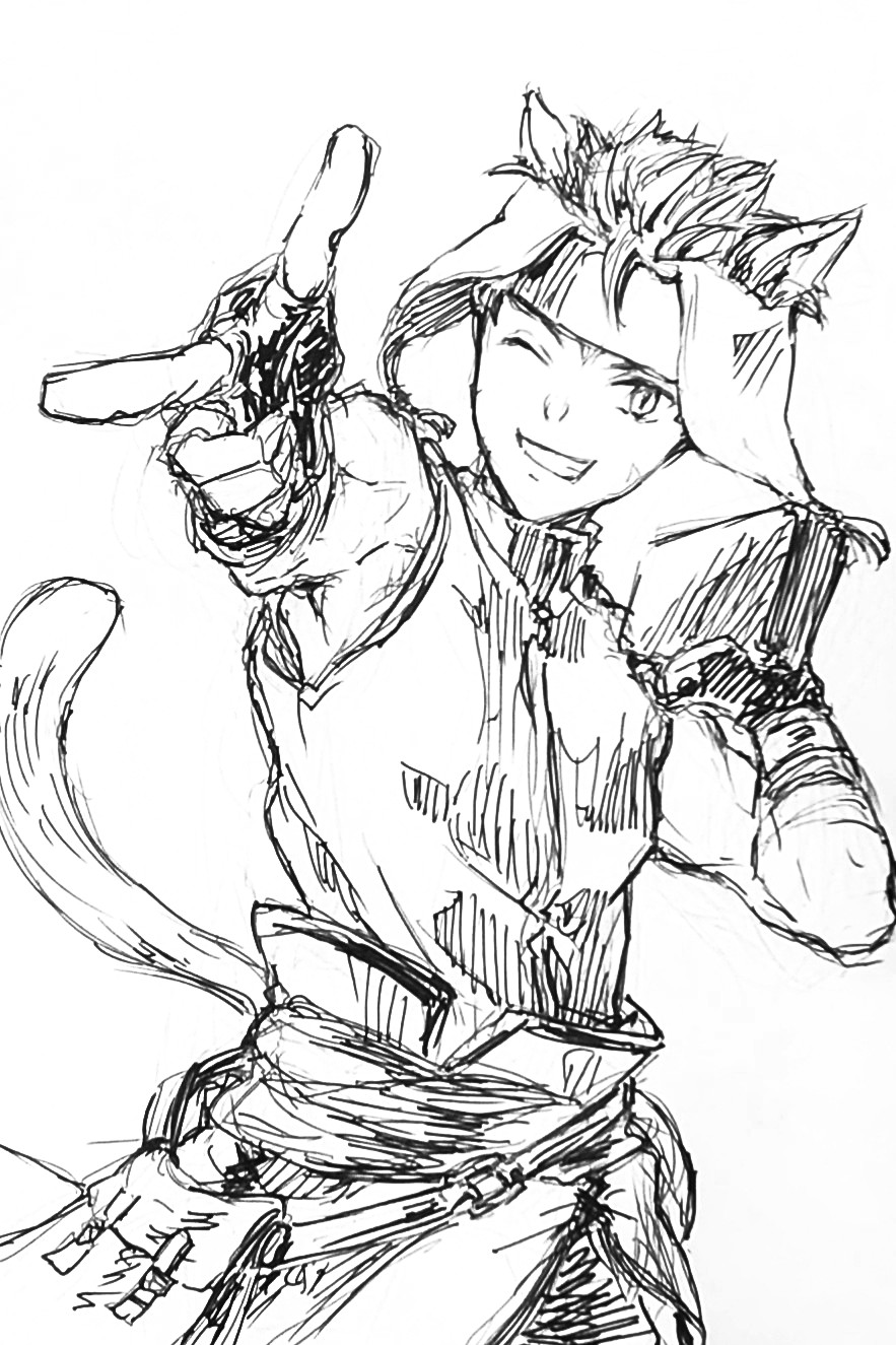 1boy, animal_ears, book, cat_boy, cat_ears, commentary_request, fire_emblem, fire_emblem:_path_of_radiance, grin, highres, holding, holding_book, jelly_(hnt1111), male_focus, monochrome, one_eye_closed, ranulf_(fire_emblem), short_hair, sketch, smile, solo, tail