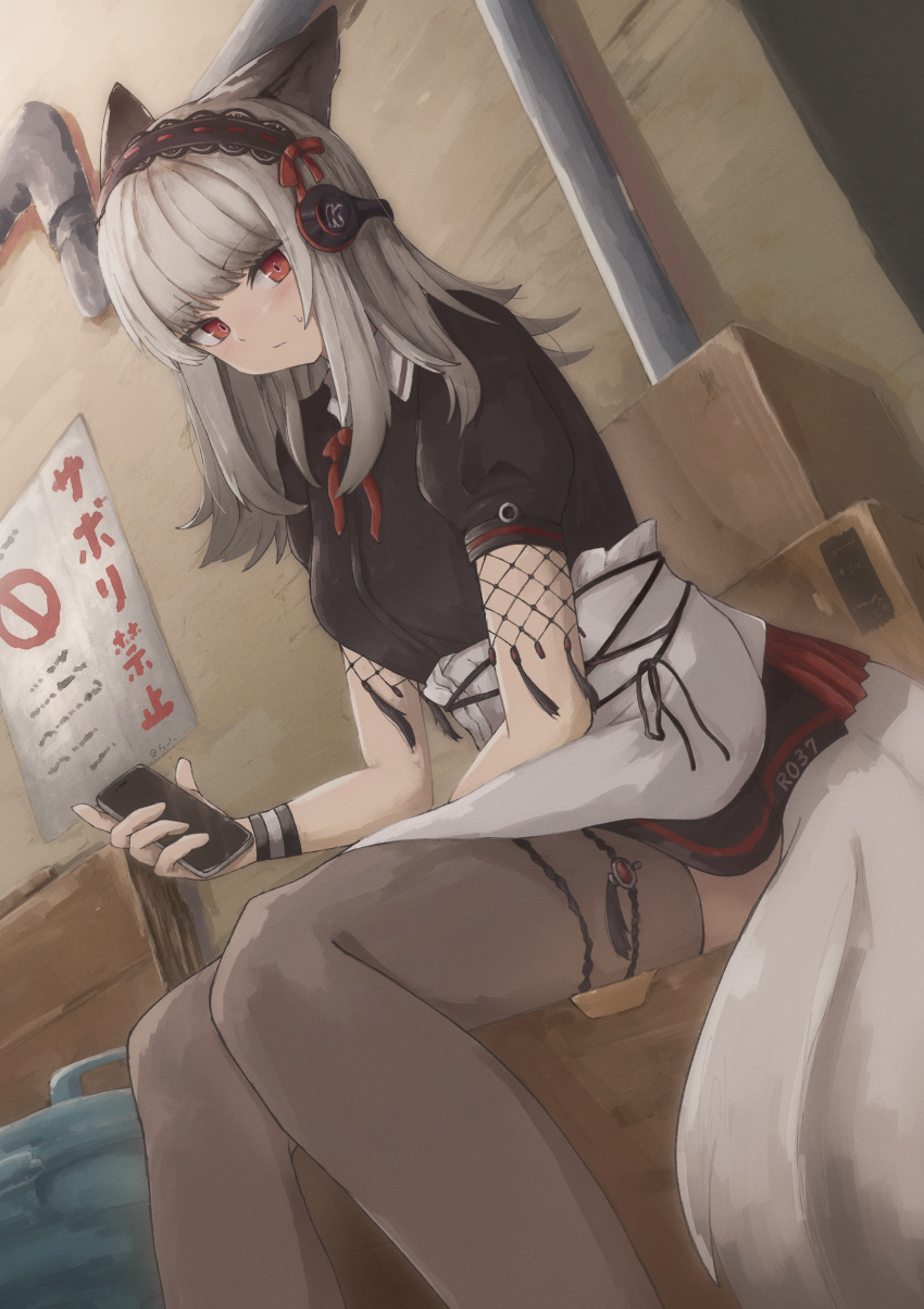 1girl, absurdres, animal_ears, arknights, black_dress, black_hairband, cellphone, closed_mouth