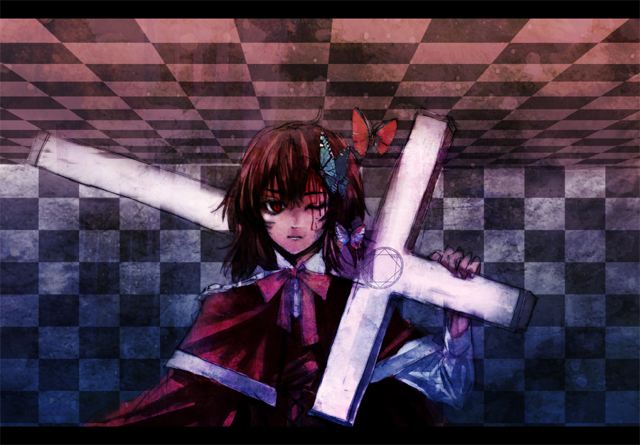 blood, bust, butterfly, checkered, cross, lastdark, letterboxed, okazaki_yumemi