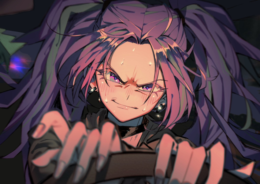 1girl, amazingpuffhair, aria_blaze, aria_blaze_(human), black_choker, black_jacket, blurry, blurry_foreground, car_interior, choker, closed_mouth, commentary, curtained_hair, earrings, english_commentary, fingernails, foreshortening, furrowed_brow, grey_hair, hair_tie, highres, holding_steering_wheel, hoop_earrings, jacket, jewelry, long_hair, looking_at_viewer, multicolored_hair, my_little_pony, my_little_pony:_equestria_girls, my_little_pony:_friendship_is_magic, night, parted_bangs, pink_eyes, portrait, purple_hair, smile, solo, sparkle, streaked_hair, sweat, twintails, two-tone_hair, v-shaped_eyebrows, vignetting