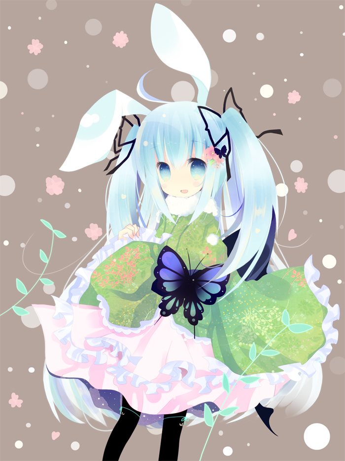 animal_ears, black_legwear, black_pantyhose, blue_eyes, blue_hair, blush_stickers, bunny_ears, butterfly