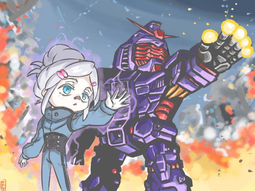 1girl, beam_cannon, blue_eyes, building, burning, chest_cannon, chibi, commentary_request
