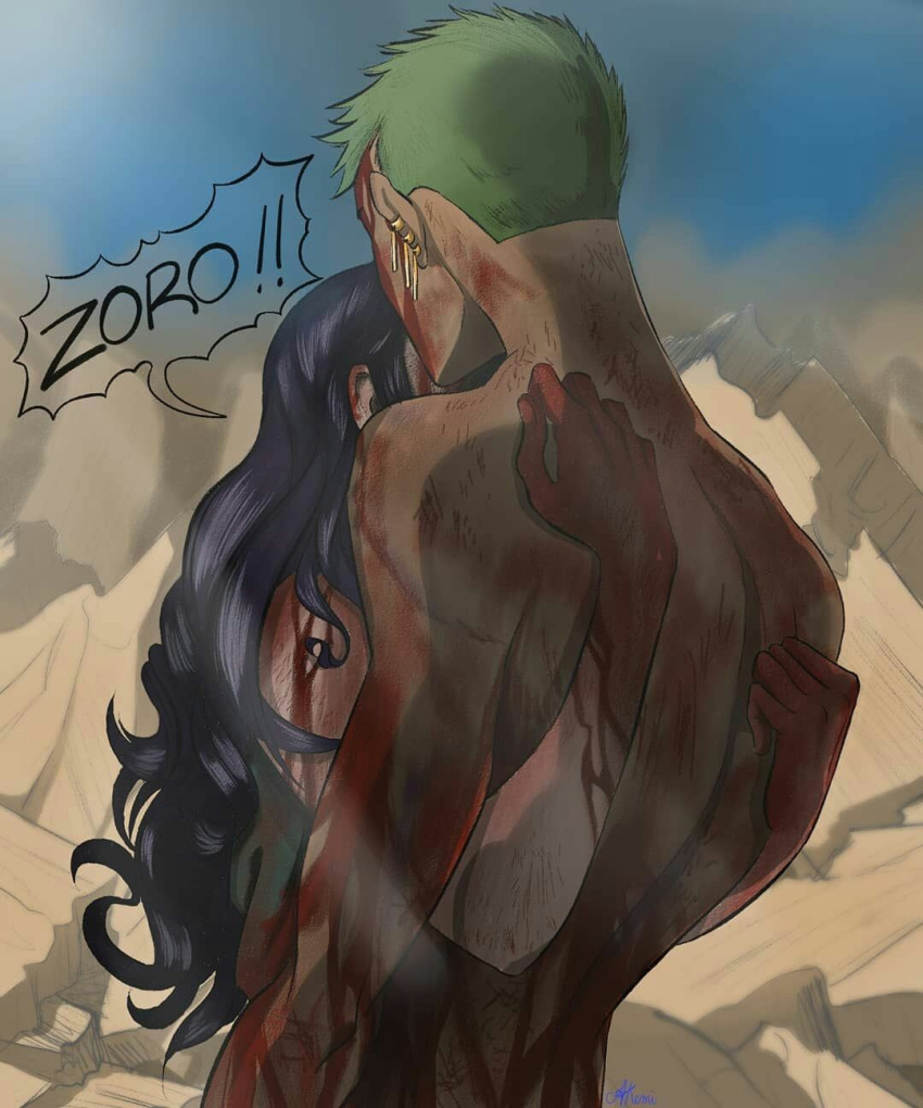 !, 1boy, 1girl, back, black_hair, blood, blood_on_arm, blood_on_back
